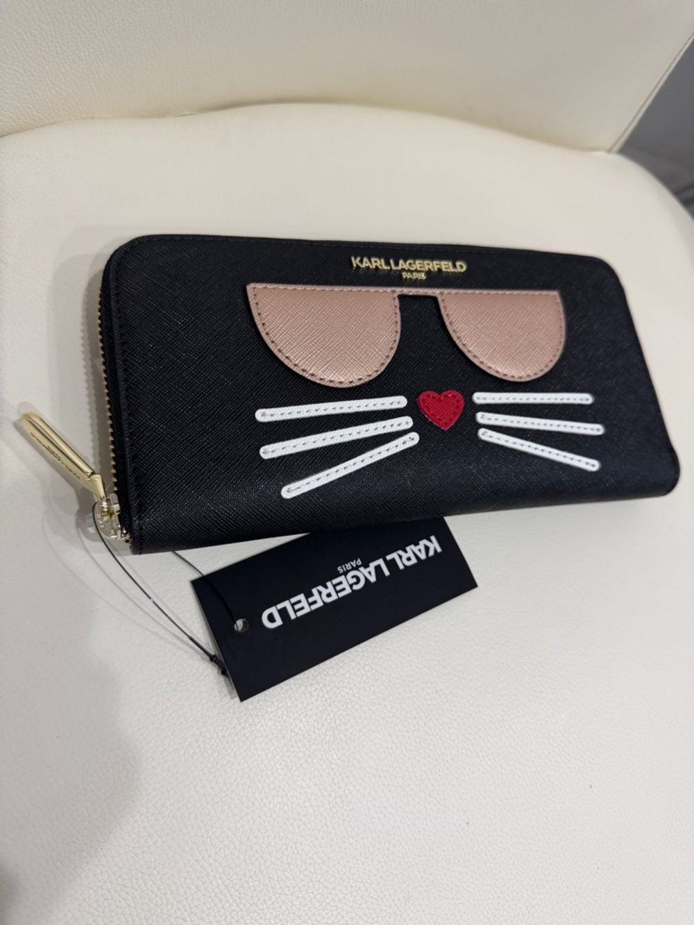 Karl Lagerfeld Maybelle Black Cat Applique Zip Around Wallet with Tan Sunglasses